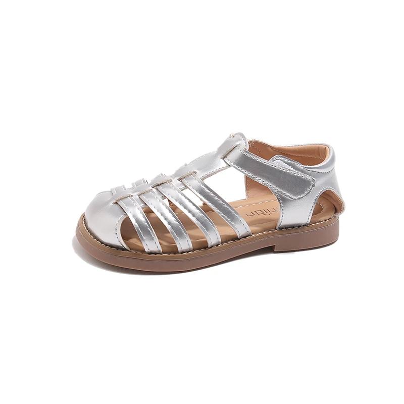 Summer Girls  Trend Flat Sandals New Silver Beige Children s Woven Fashion Sandals Toe-capped School Simple Kids Sandals 26 серебряный