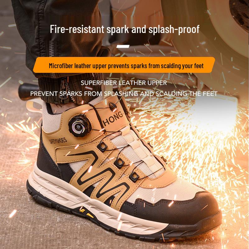 High-Top Safety Shoes with Rotating Button, Anti-Smash, Anti-Puncture, Wear-Resistant, No-Tie Laces
