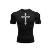 Men's Compression Shirt Quick Dry Gray Gym T-Shirt White Gothic Cross Print Workout Sportswear
