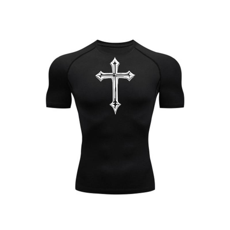 Men's Compression Shirt Quick Dry Gray Gym T-Shirt White Gothic Cross Print Workout Sportswear
