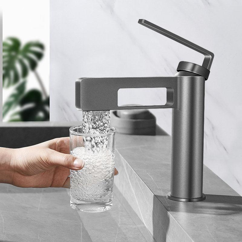 White Creative Bathroom Basin Faucet Brass Hot and Cold Waterfall Single Handle Single Hole Deck-mounted Sink Faucet Gun Gray