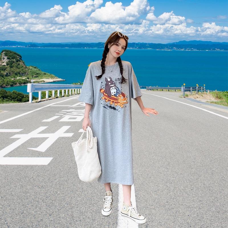 Large size women's short t-shirt skirt summer Korean pure cotton loose long knee dress casual belly cover dress