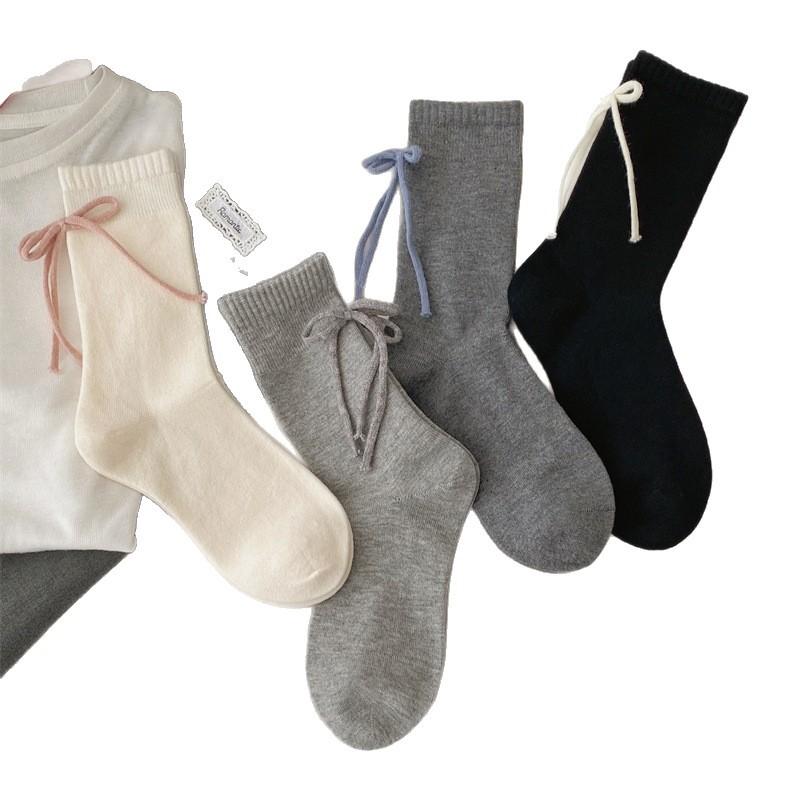 Warm Wool Socks for Autumn and Winter, Followed By Three-dimensional Bow Accessory Socks, Boneless Solid Color Mid-calf Socks