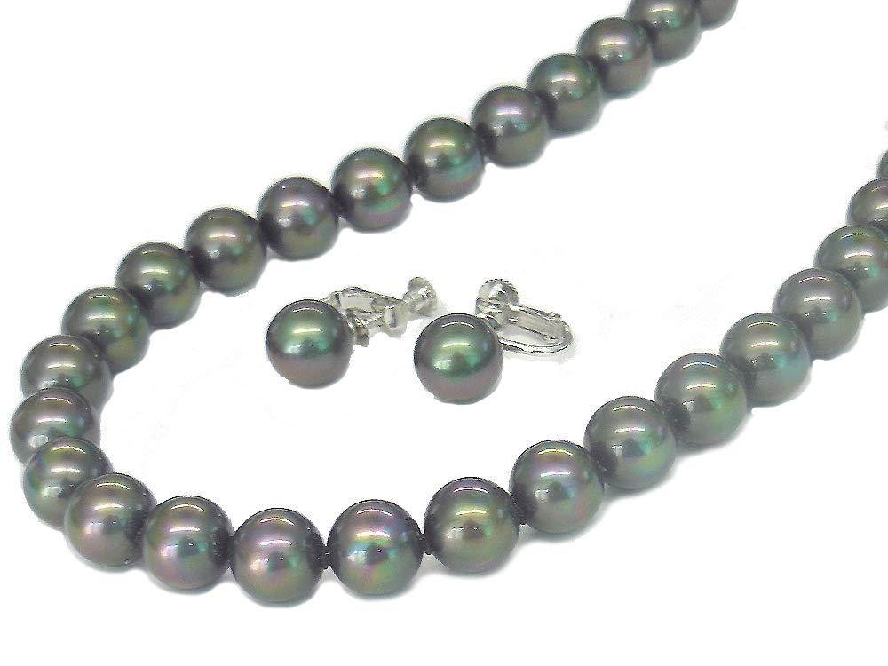 

[Your and My Jewelry Box] Black Pearl Necklace and Earrings (Piercings) Set, Peacock Color Black Mother-of-Pearl Pearls 8.0mm and Up Size Made in