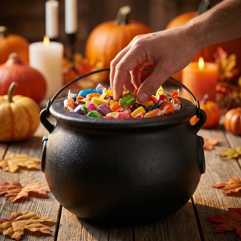 22cm Halloween Candy Bucket with Witch Cauldron Design and Handle Decorative Plastic Basket Suitable for Party Gifts and Holiday Decorations