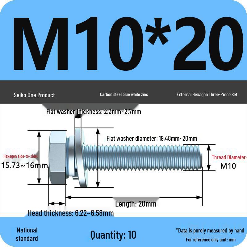 Grade 8.8 Galvanized Hex Bolt Set: Includes Hex Bolt, Spring Washer, Flat Washer (Sizes: M4, M5, M6, M8, M10, M12)