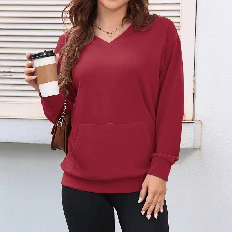 Women's V-Neck Hooded Sweatshirt with Front Pocket, Casual Pullover