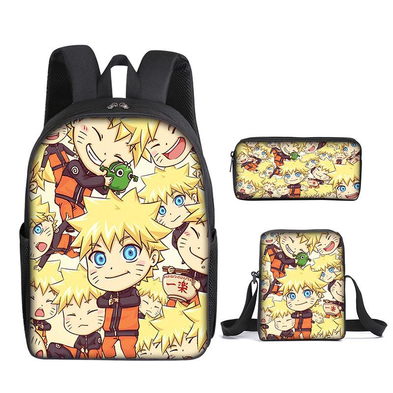 Naruto Naruto Rucksack Dreiteiliges Set, Schulranzen für Grund- und Sekundarschule, Umhängetasche, Messenger Bag, Federmäppchen.