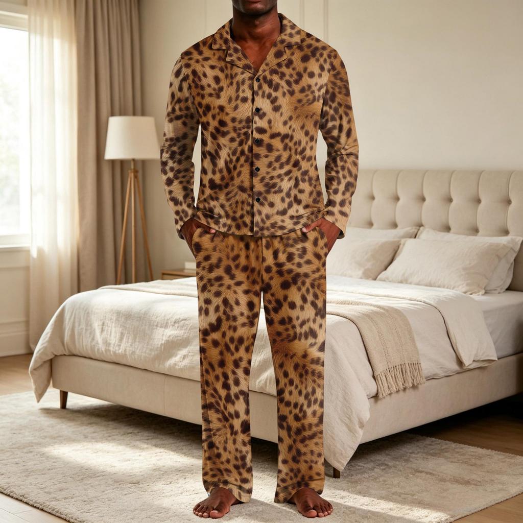 Pigiama Casual da Uomo a 2 Pezzi con Stampa Leopardo, Top con Bottoni e Vestibilità Larga, Pantaloni a Gamba Dritta