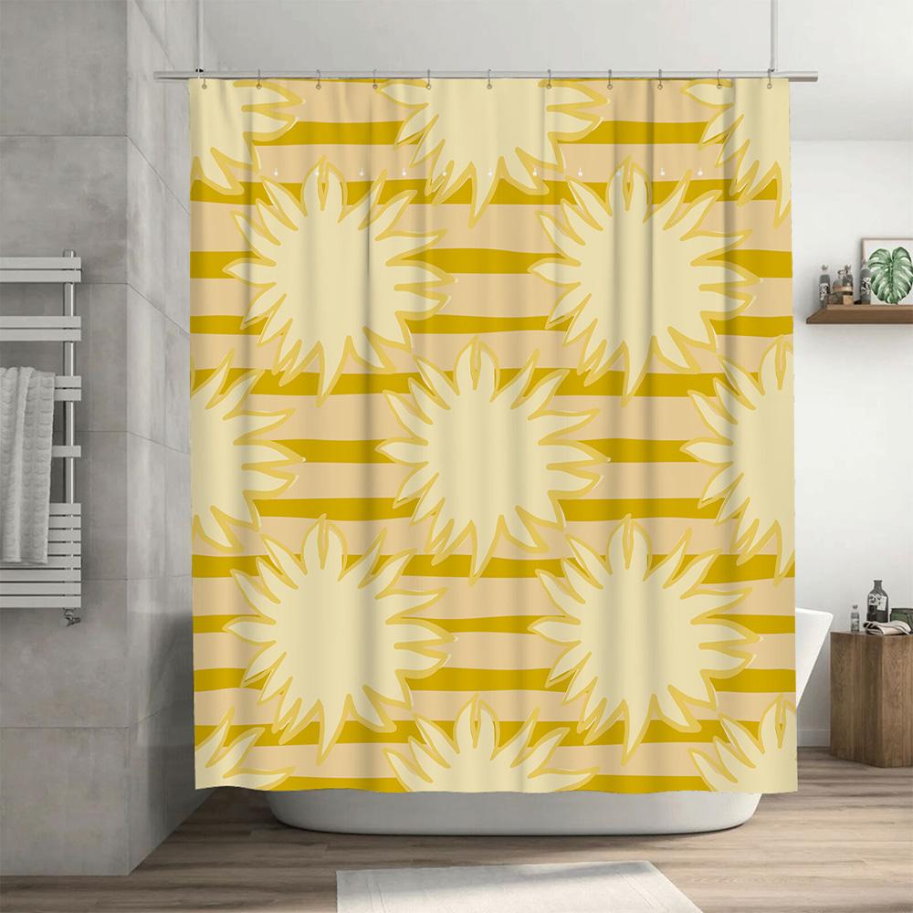 Modern Sunburst Shower Curtain Waterproof Home Decor Bathroom Liner Yellow Stripes Pattern Shower Paneling Tiles Backsplash Remo