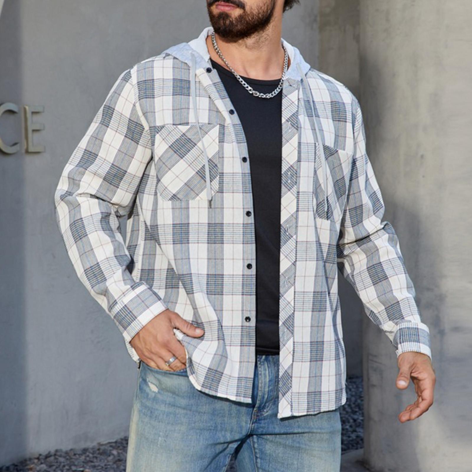 

Мужская клетчатая рубашка с длинным рукавом, мужская толстовка с капюшоном и карманами на пуговицах M белый