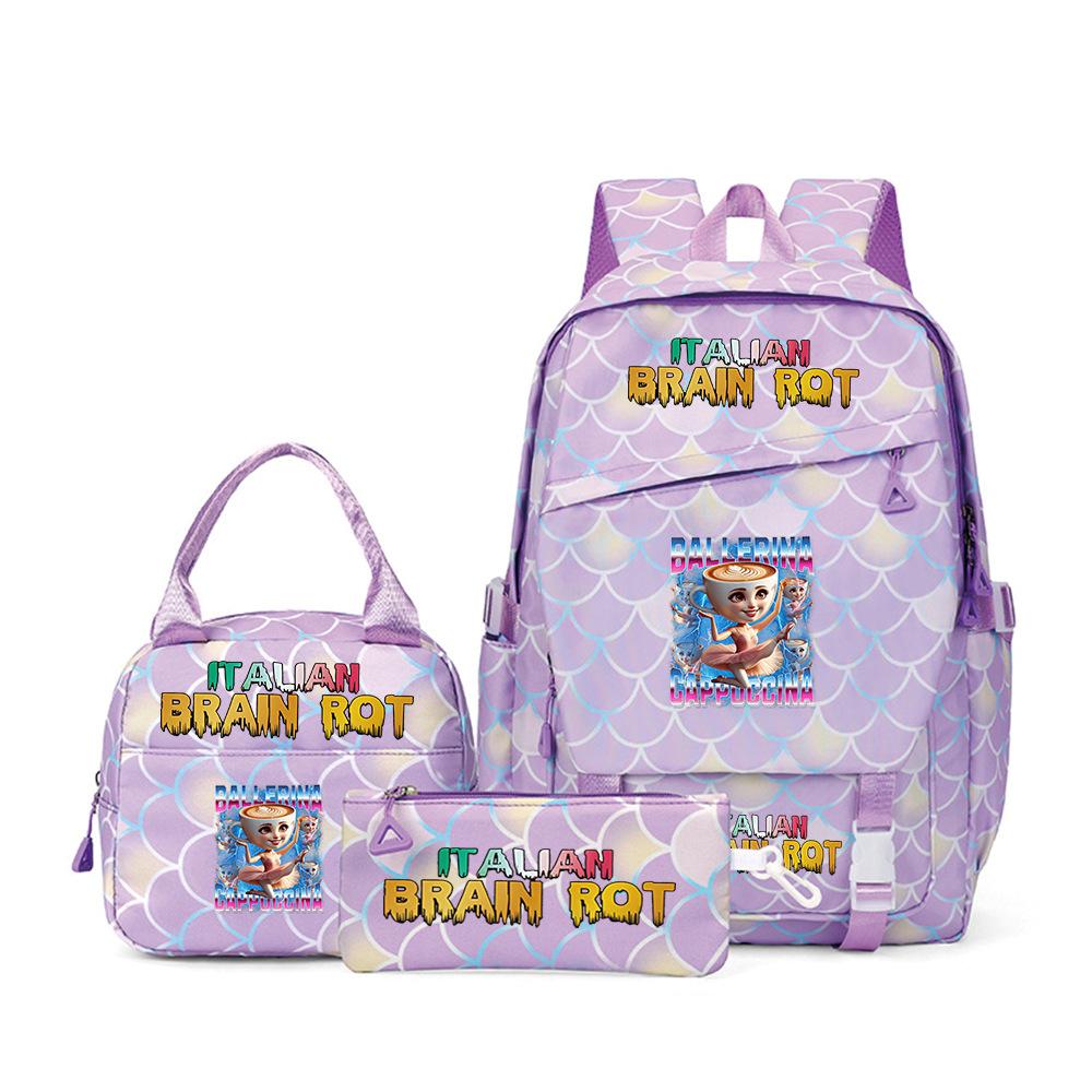 Digitally Printed Brainrot Student Schoolbag, Cartoon Shanhaijing Wooden Stick Man Backpack Lightweight Level 123 Three piece set