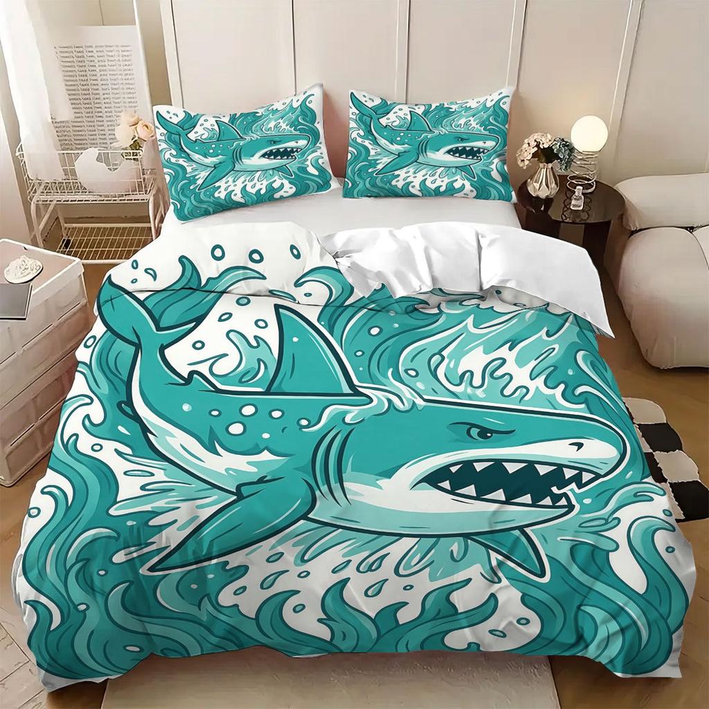Shark Bedding Set 2/3 Piece Sea Life Print Microfiber Duvet Cover with Zipper Pillowcase, Bedroom Decoration Gift for Boys