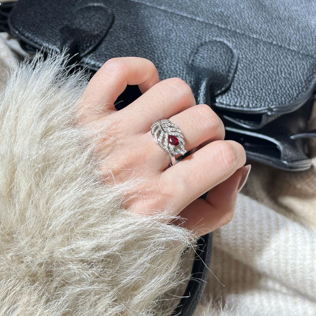 Ruby-Set Exquisite Feather Ring Women'S Opening Slightly Inlaid With Diamonds Temperament Elegant Ring Court Style