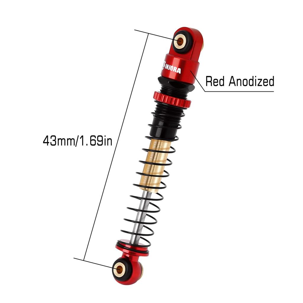 INJORA RC Shocks, 43mm Aluminum Threaded Teleshocks, Scx24 AXI90081 Deadbolts for 1/24 Crawler Cars, 4 Pieces (Red)