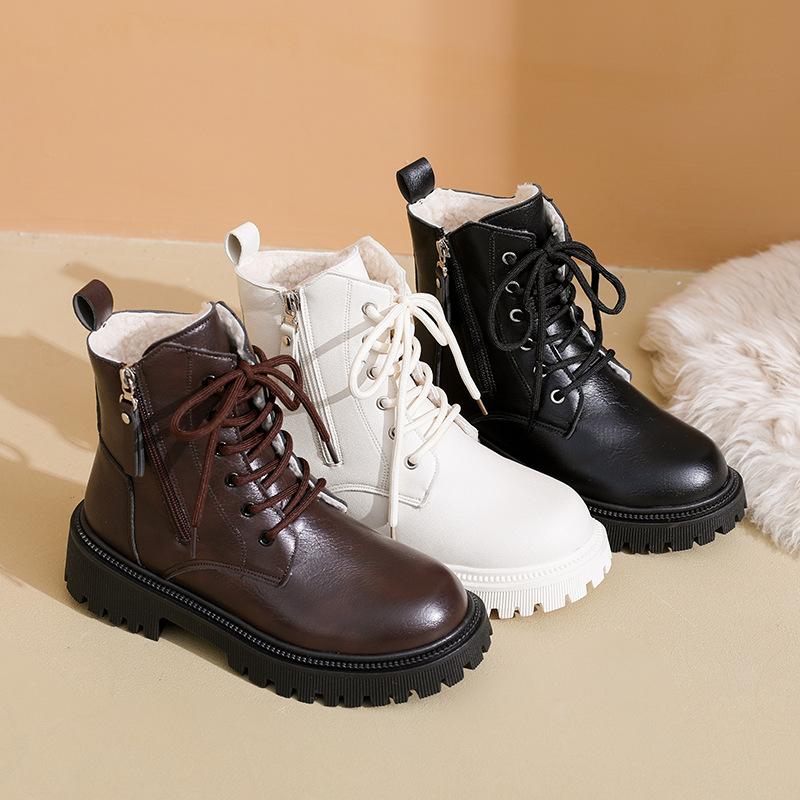 Women Genuine Leather Ankle Boots Zipper Short Plush Brown Women's Ankle Boots Platform Thick Heel Motorcycle Boots Women Shoes