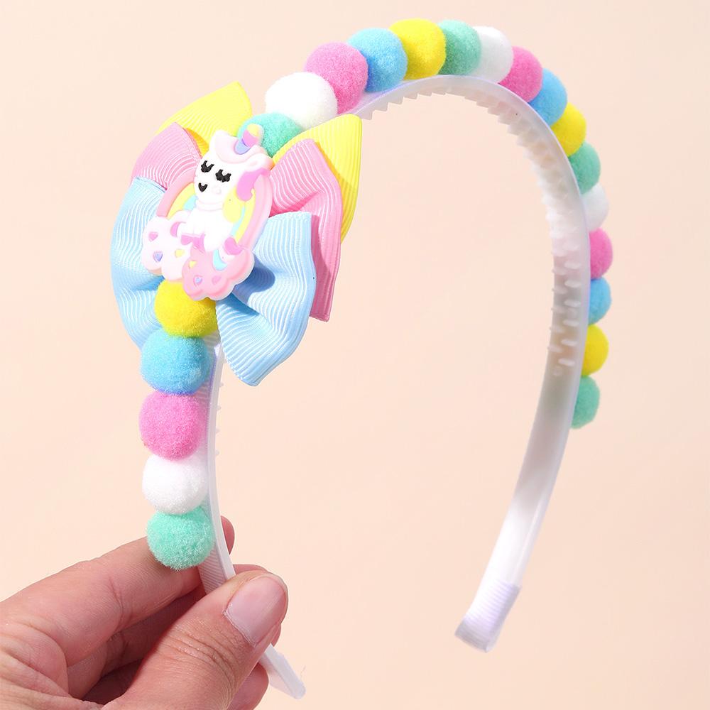 2Pcs Rabbit Fur Ball Headband Cute Rainbow Cartoon Unicorn Bow Hair Bands For Girls Children Kids Diadem Headdress Accessories