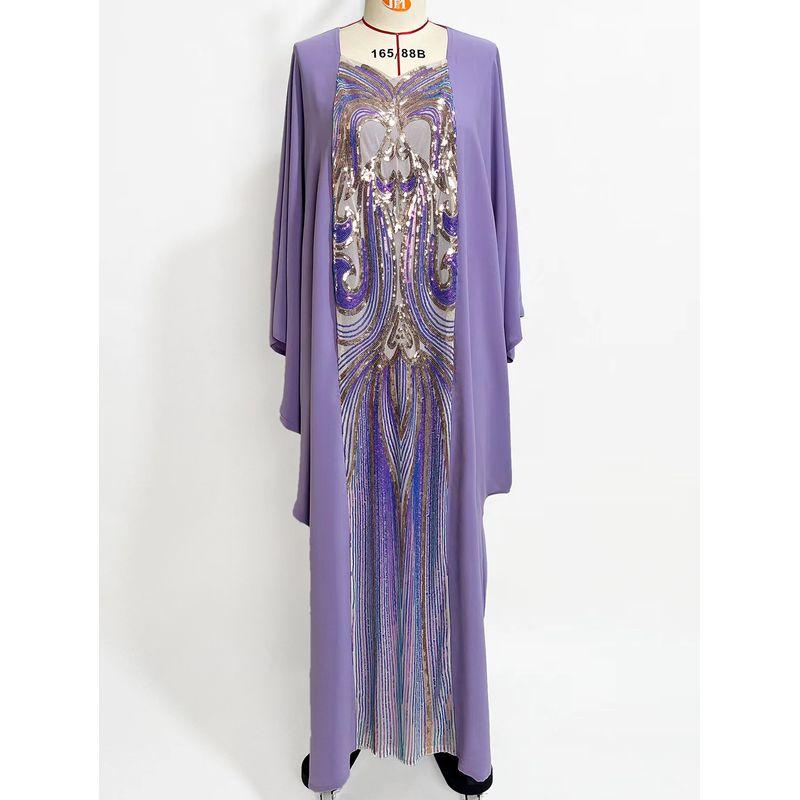 

New Ethnic Style Fashion Sequined Embroidered Batwing Sleeve Dress Sequin Bat Sleeve Dress Purple One size