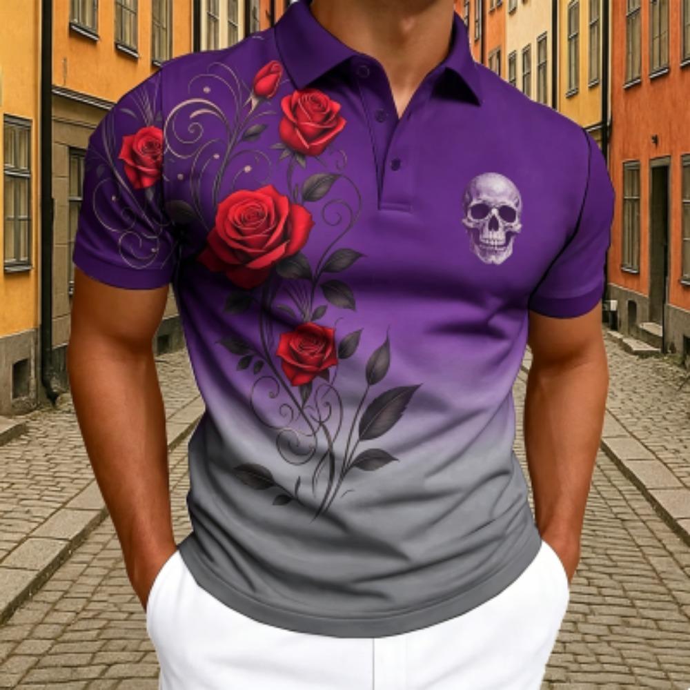 Men's Rose Floral Skull Print Polo Shirt Men's Outdoor Street Short Sleeve Tees Top Summer Home Casual T-shirt Men's and Women's Polo Shirt