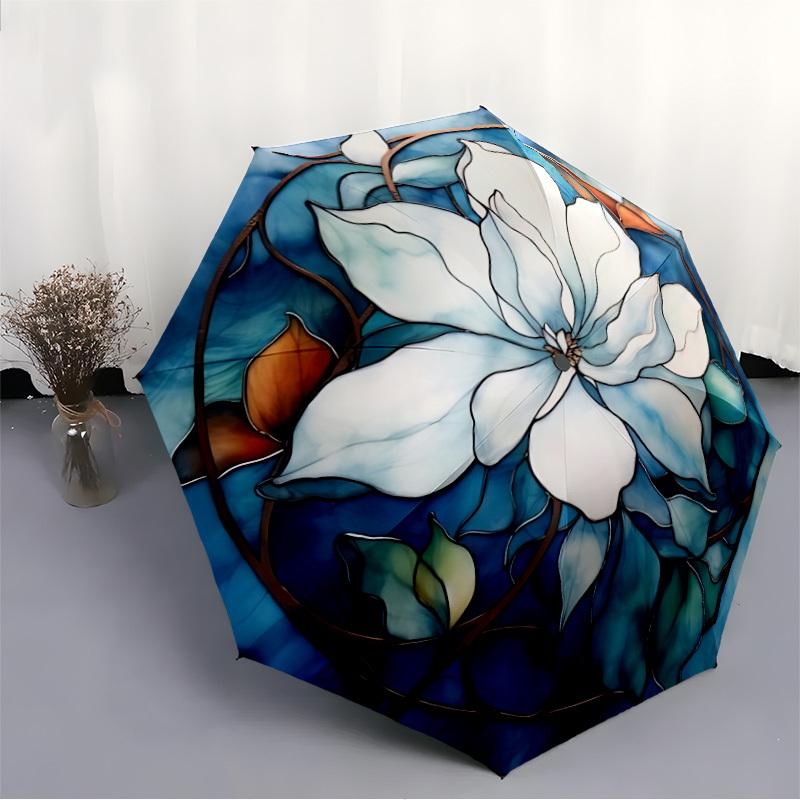 1pc Magnolia Stained Glass Automatic Folding Umbrella Durable Iron Frame,All Seasons Home Travel Outdoor Multifunctional Umbrella Yy251115078