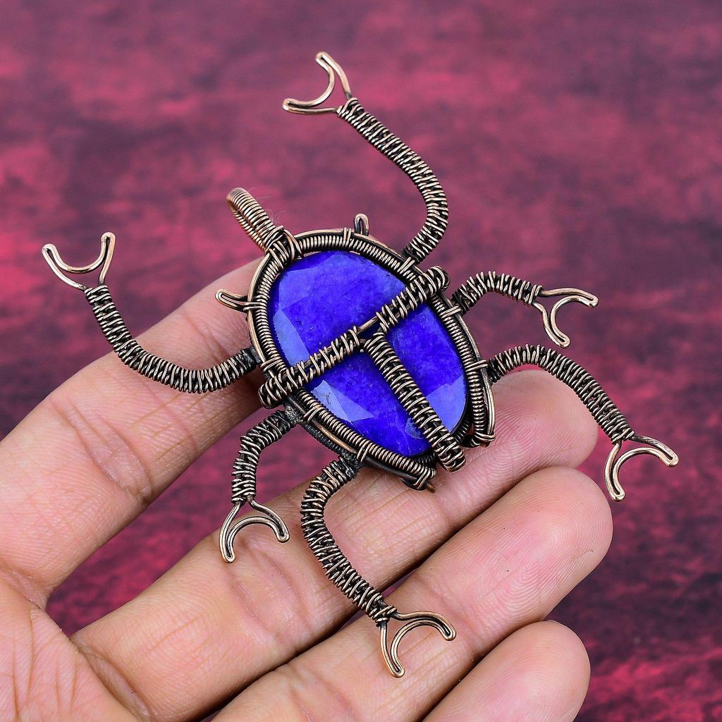 Faceted Blue Sapphire Pendant Copper Wire Wrapped Jewelry Gemstone Beetle Pendant