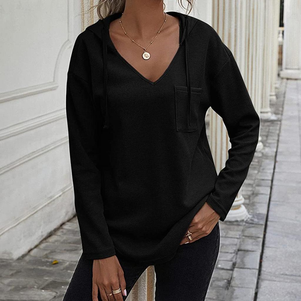 New Women's V-Neck Waffle Knit Hoodie, Drawstring Pocket Pullover with Long Sleeves, Casual & Sporty Lounge Top for Daily Wear