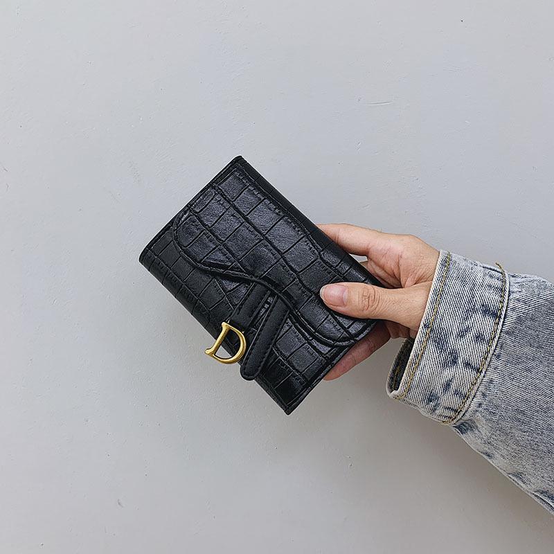 Women's 2022 Korean Style Crocodile Embossed Tri-Fold Wallet with D-ring Buckle Coin Pocket and Card Slots.