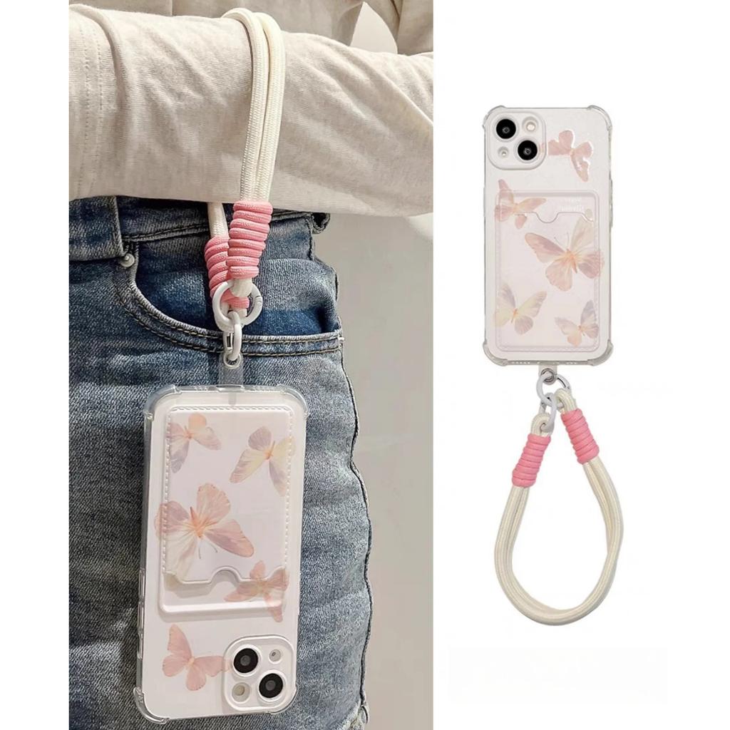 Butterfly Card Holder Pocket With Lanyard Case For Samsung Galaxy S25 Edge S23 S24 S25 Ultra S22 S21 Plus S20 FE Cover Cute Soft