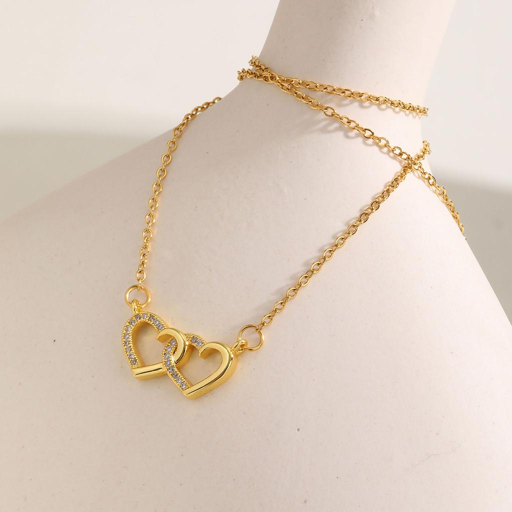 Exquisites Zirkon Doppelherz Halskette für Damen, Flache Rolo Kette Edelstahl Halsketten, Mode Wasserdichte Schmuck Geschenke
