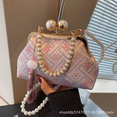 New Chinese Cherry Blossom Powder Clip Clutch Bag New Pearl Chain Shoulder Messenger Dinner Bag Antique Cheongsam Women's Bag