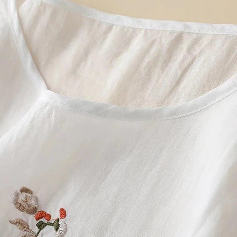 Summer Embroidered Cotton Blouse Women 2023 Casual Short Sleeve Tops Sweet O Neck T-shirt Vintage Loose Shirt Female 26840