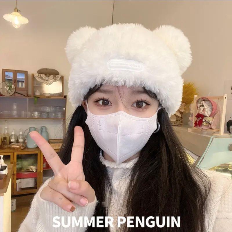 Women's Soft Bear Ear Plush Hat - Large Head Fit, Autumn/Winter Warmth, Sweet Loose Style, Ear Protection