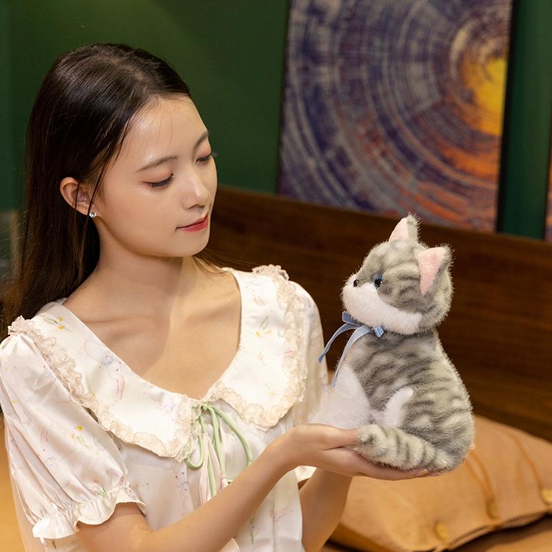 6 Styles Delicate Cute Lifelike Kitten Plush Toys Fluffy Sitting Pose Ribbon Bow Cat Doll Lovely Desktop Pets Pretty Girls Gift