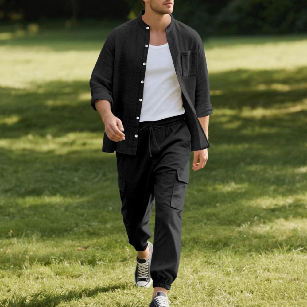 Spring and Summer Men's Linen Button Long Sleeved Shirt and Pants Set, Fashionable, Casual,  Breathable, Quick Drying 2-Pic Set