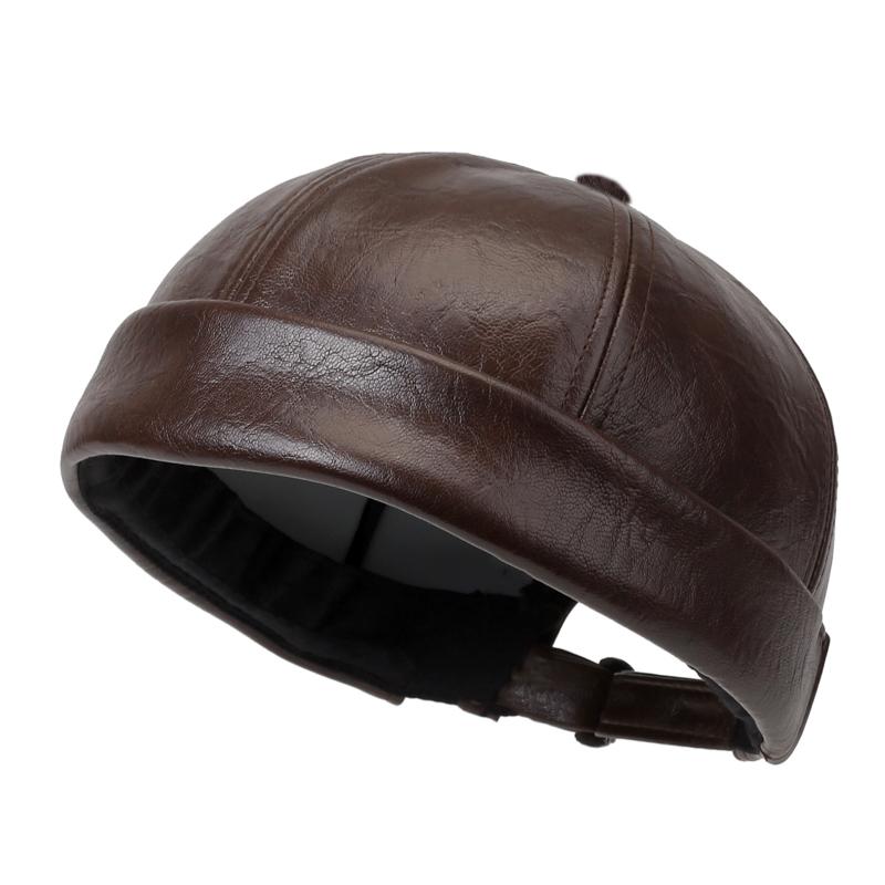 Men's Solid Color PU Leather Skullcap, Outdoor Casual Hat Ideal for Autumn & Winter Travel, Windproof and Warm Cap