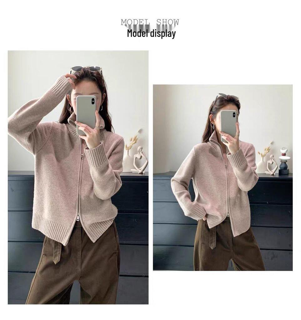 2026 European-Style High Neck Zipper Cardigan: Women's Pure Wool Thick Cashmere Knit Sweater Coat for Autumn and Winter