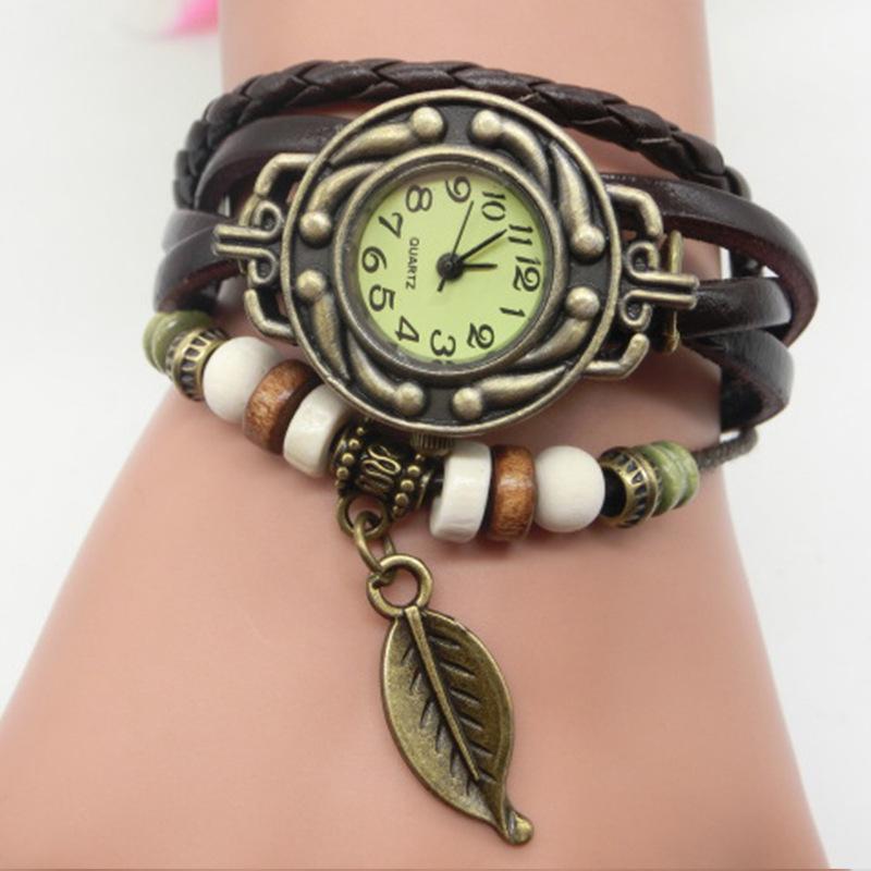 Vintage Blattuhr, Handgeflochtene Bronze Vielseitige Vintage Leder Damen Armbanduhr 795