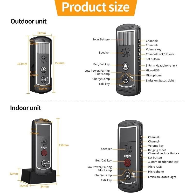1-3 km 16 Channels Range Solar Voice Wireless Doorbell Waterproof Electronic Intercom System Doorbell Home Voice Intercom Device