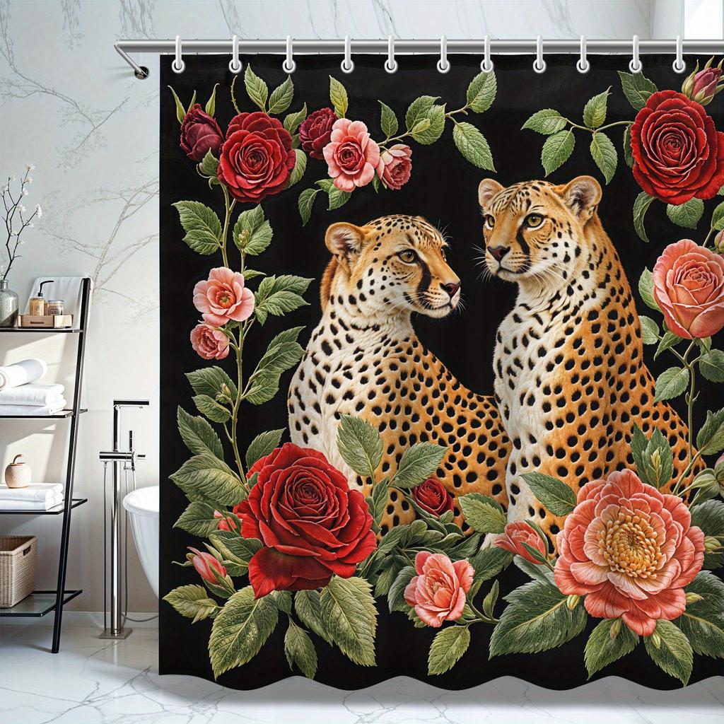 Leopard & Rose Shower Curtain - Vibrant Blue Eyes & Floral Design, Durable Jacquard Polyester, Perfect For Animal Lovers