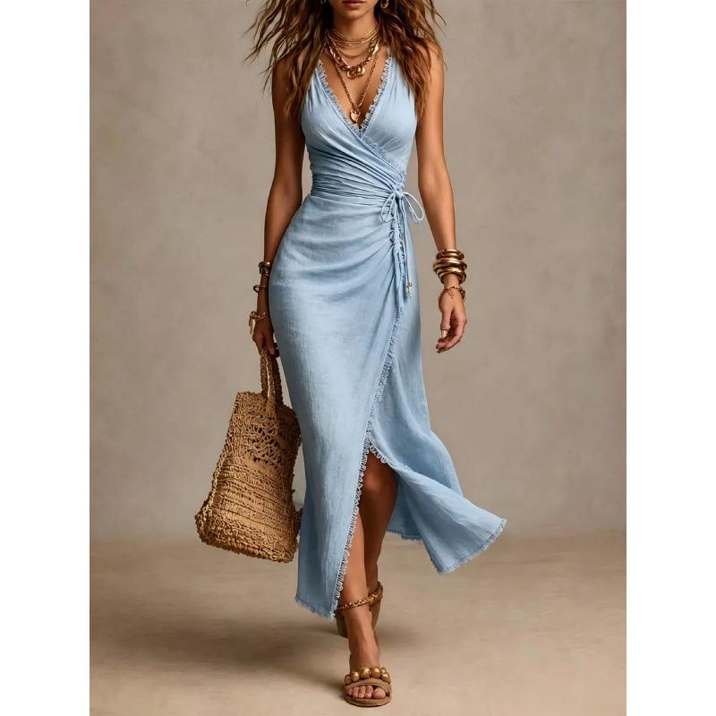 European and American women's clothing, deep V neck cross-cut bohemian holiday style long dress