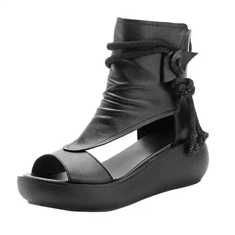 Large Sandals 2025 Summer New Soft Leather Thick Bottom Casual Sandals Women's Fashion High Top Slope Heel Cool Boots