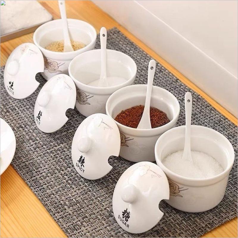 Ceramic Spice Jar Set with Lid & Spoon - Perfect for Salt, Sugar, Chili, or Oil