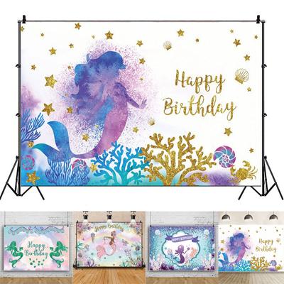 Mermaid Happy Birthday Backdrop Banner Background Kids Vinyl Decoration