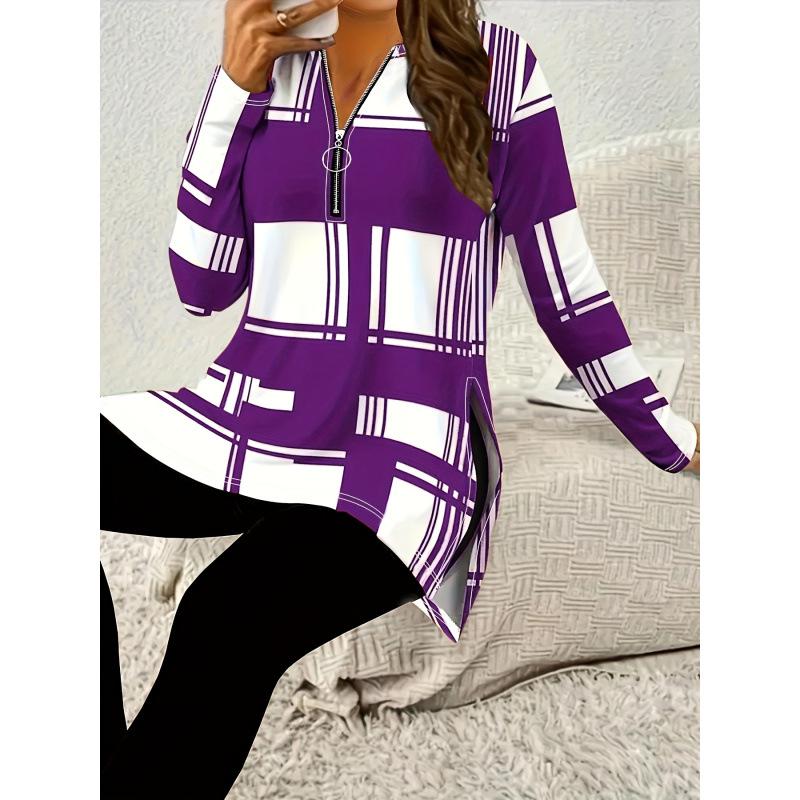 

Color Block Print Zip Long Sleeve Shirt C97653 1XL фіолетовий