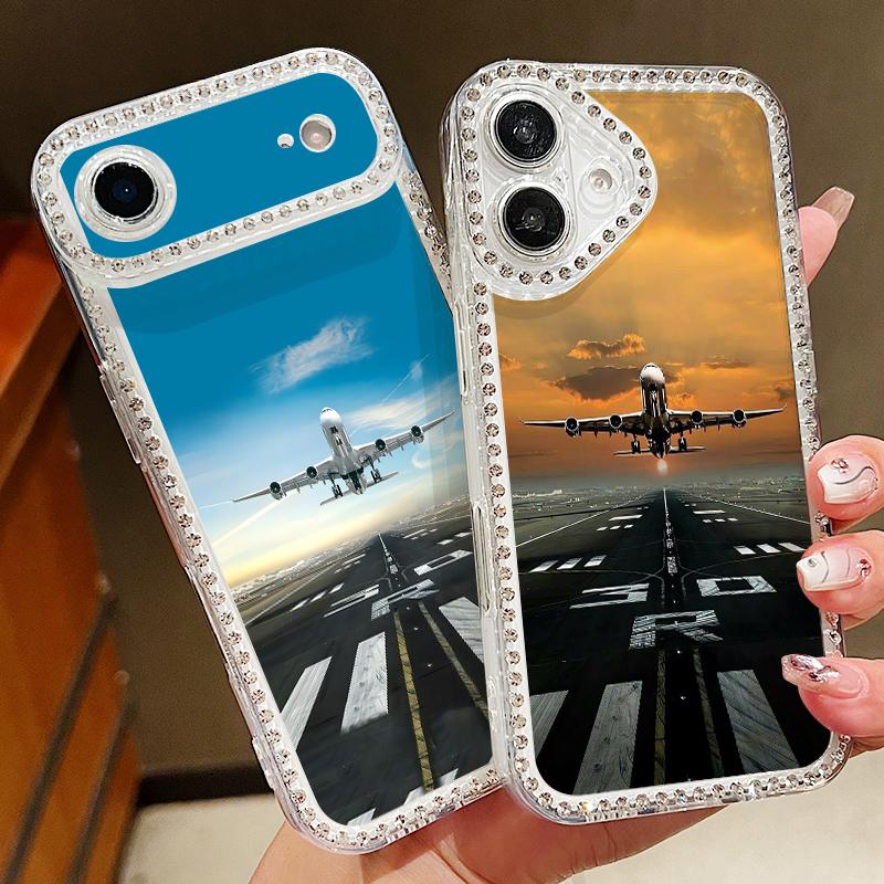 Aircraft Pattern Bling Diamond TPU Case For iPhone 17 Air 16e 16 14 15 13 17 Pro Max 15 16 Plus 17 Shockproof Soft Silicone Phone Cover