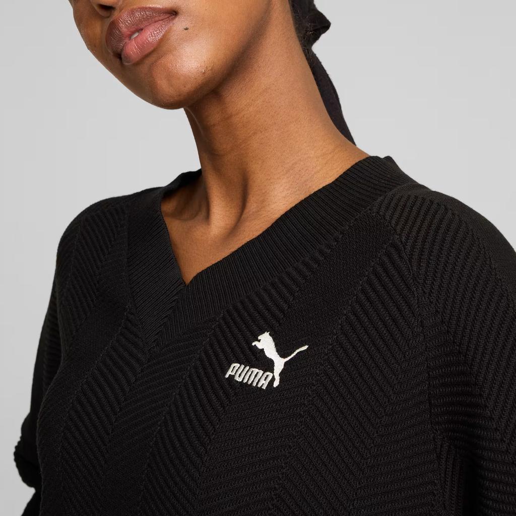 Puma T7 Knitted V-Neck Crew Soft Comfortable Loose Fashion Knit Sweater Women tops Black 627471-01