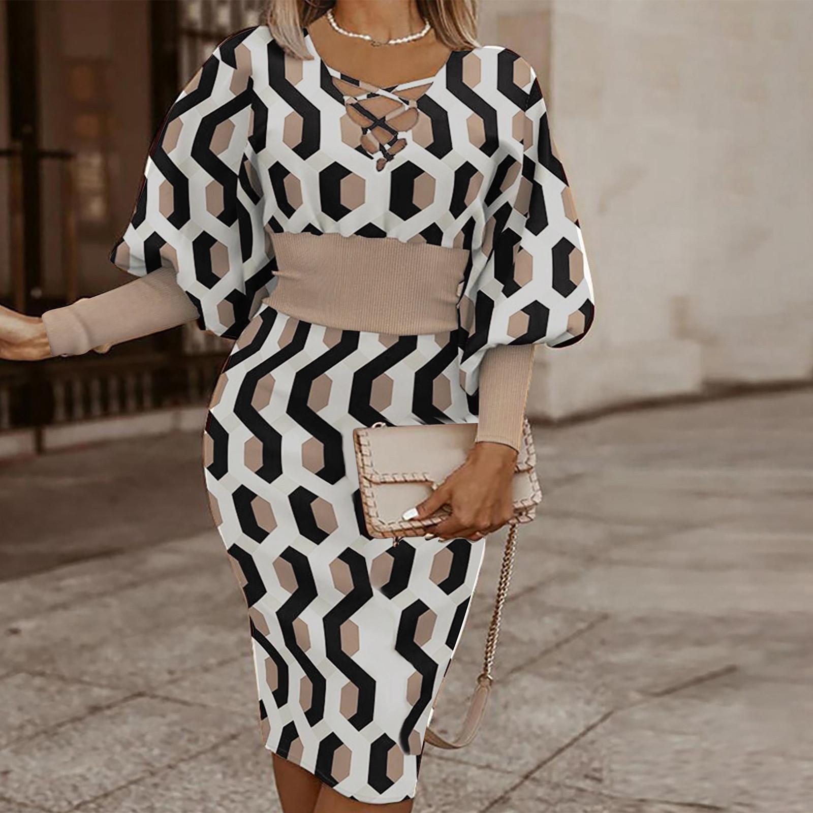 

Женское модное платье с v-образным вырезом и длинным рукавом с принтом M хаки