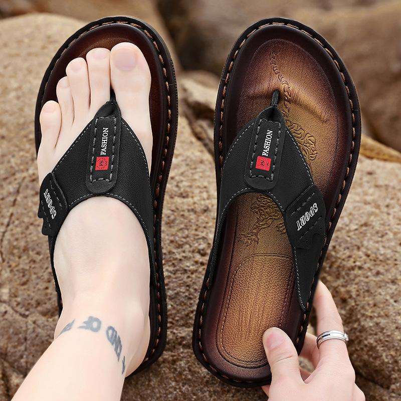 

Шлепанцы летние новые повседневные легкие на толстой подошве износостойкие с кожаной отделкой пляжные вьетнамки 39 чёрный