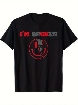 Men's ''I'm Broken'' Skull Graphic T-Shirt - Black Cotton Crew Neck Tee with Red and