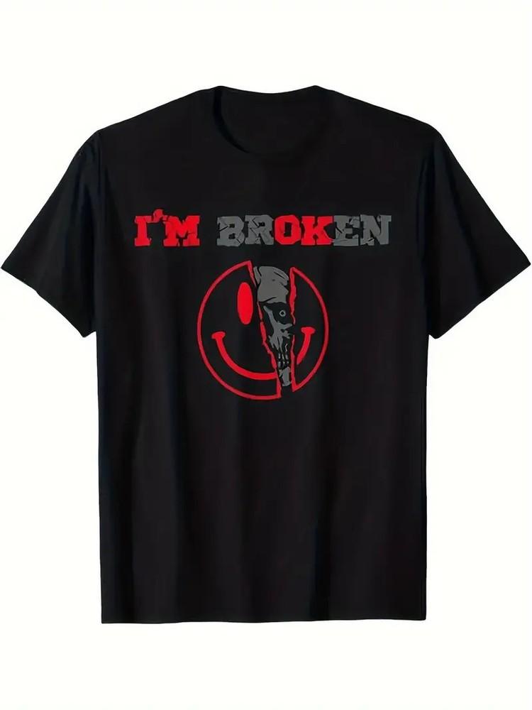 

Men s I m Broken Skull Graphic T-Shirt - Black Cotton Crew Neck Tee with Red and XL